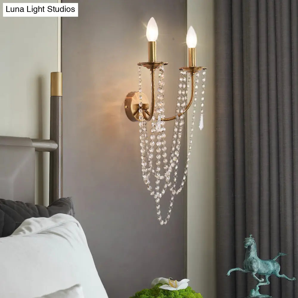 DecorBites™ French Country 2-Head Metallic Open Bulb Wall Mount Lamp with Clear Crystal Bead - Brushed Brass