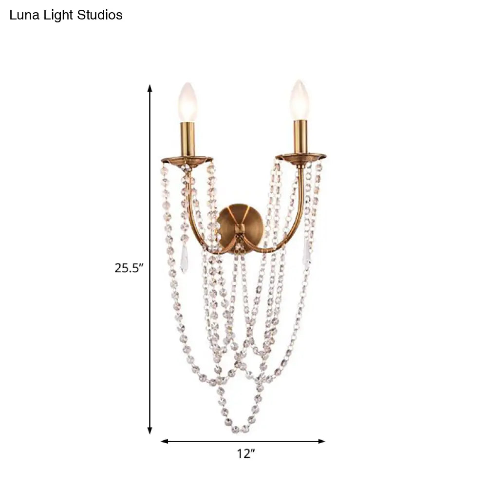 DecorBites™ French Country 2-Head Metallic Open Bulb Wall Mount Lamp with Clear Crystal Bead - Brushed Brass