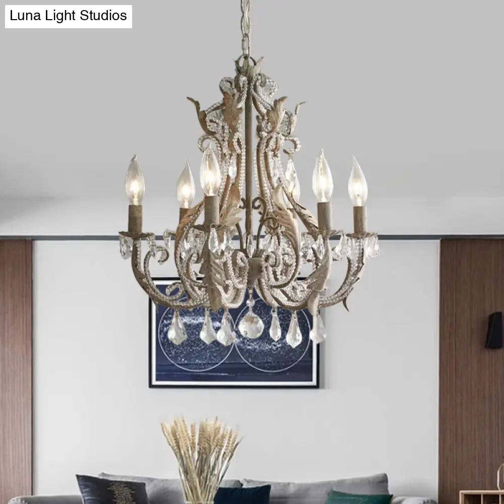 Lámpara de araña francesa de cristal de 6 luces con acabado gris envejecido