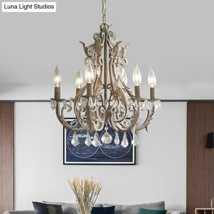 Lámpara de araña francesa de cristal de 6 luces con acabado gris envejecido