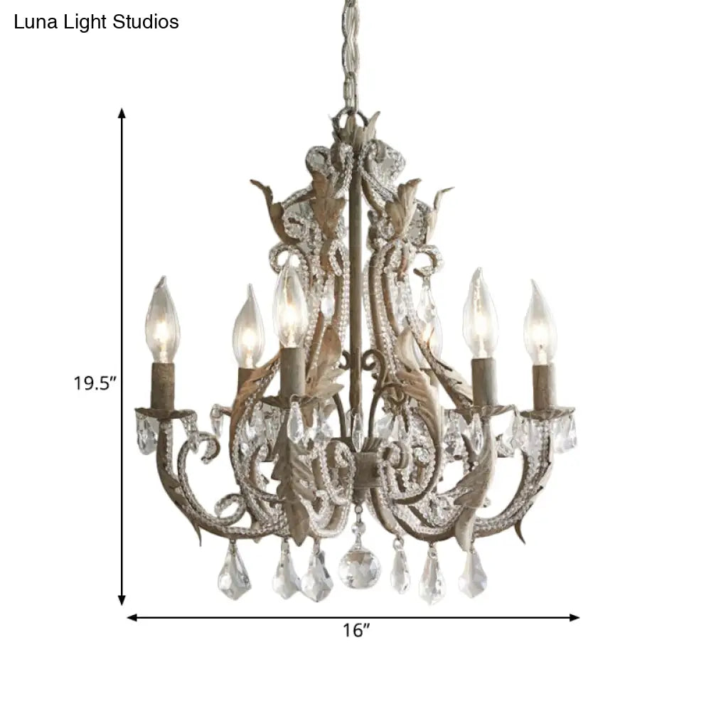 Lámpara de araña francesa de cristal de 6 luces con acabado gris envejecido