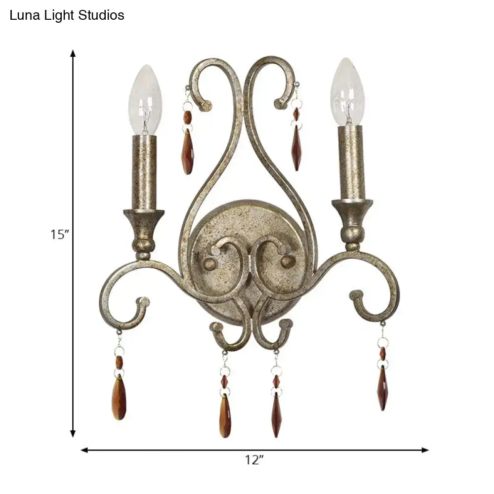 Antique silver wrought iron wall lamp aged silver with crystal deco amber beads for French country dining room
