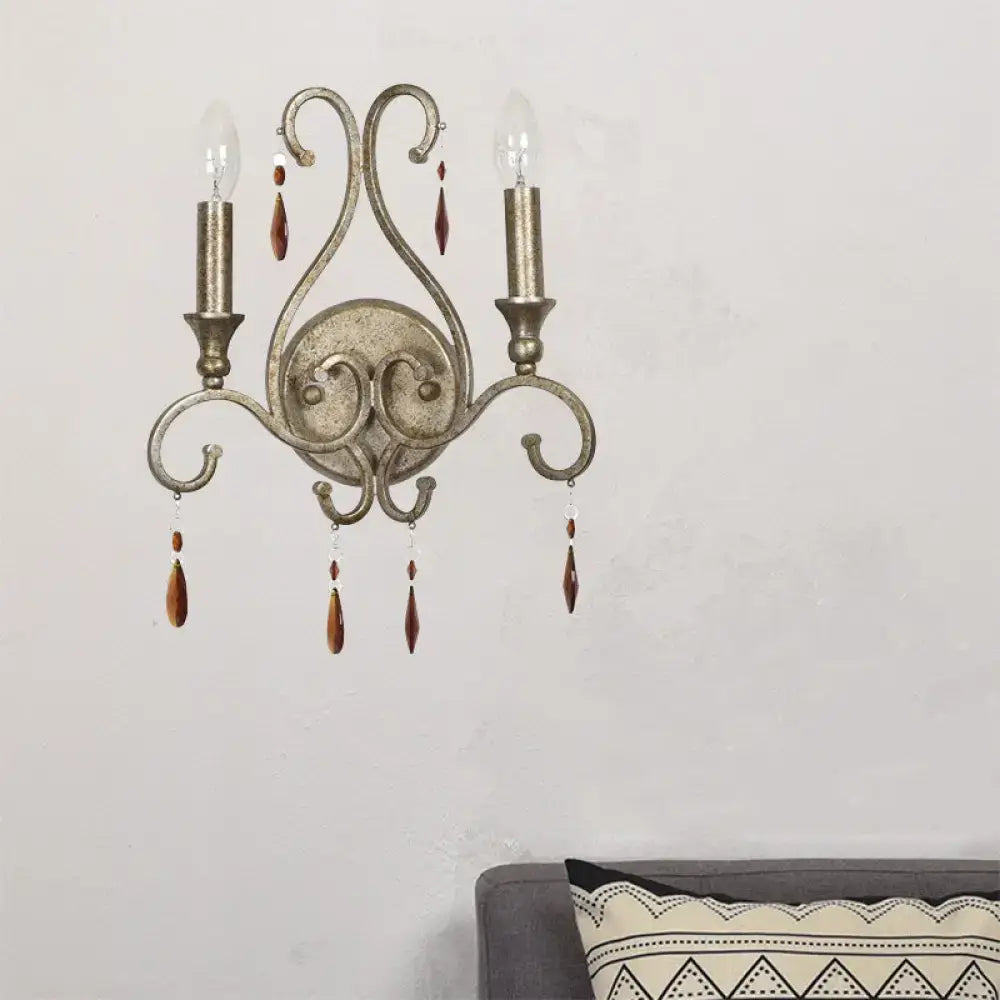 Antique aged silver wall lamp wrought iron with crystal deco and two candle bulbs for French country dining room