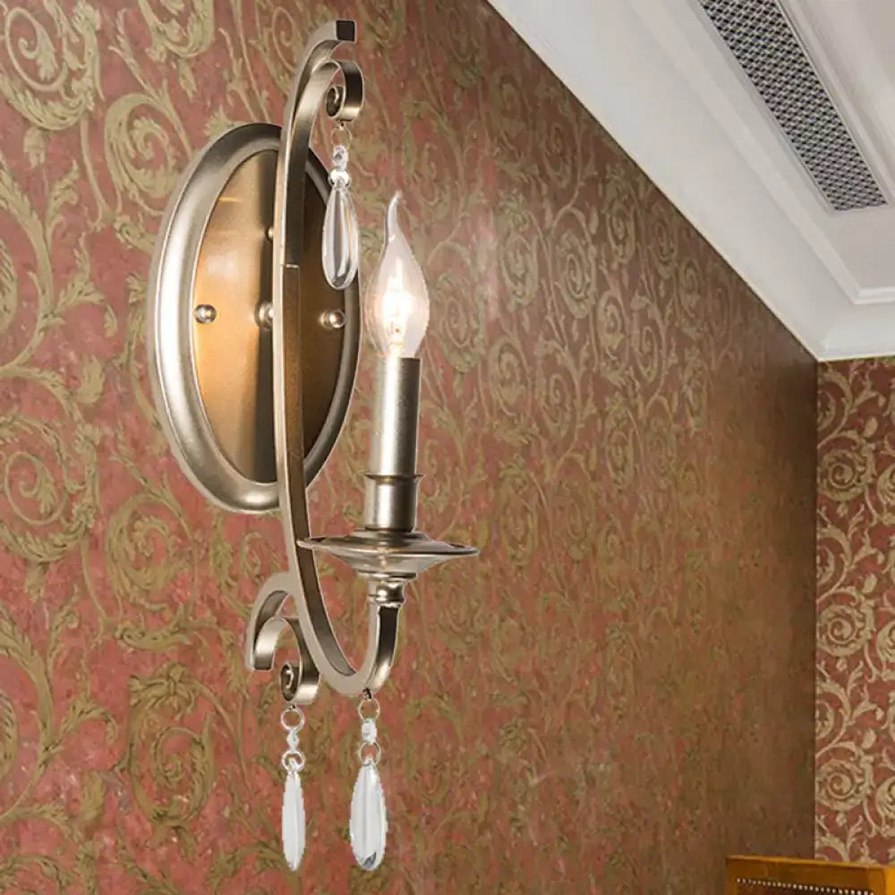 Antique brass finish sconce light with single candle bulb and crystal teardrop pendants wall lamp for bedroom