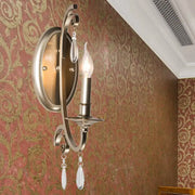 Antique brass finish sconce light with single candle bulb and crystal teardrop pendants wall lamp for bedroom