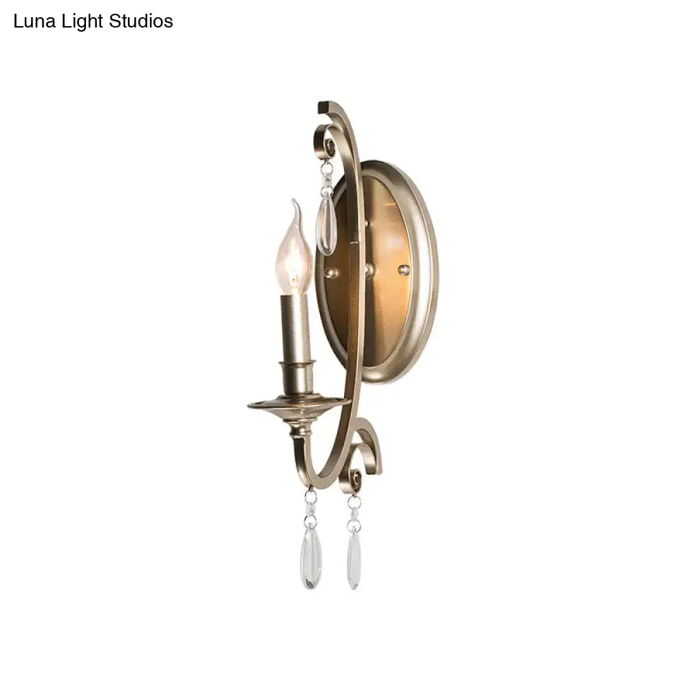 Antique brass finish sconce light with crystal teardrop pendants for french country style bedroom wall lamp