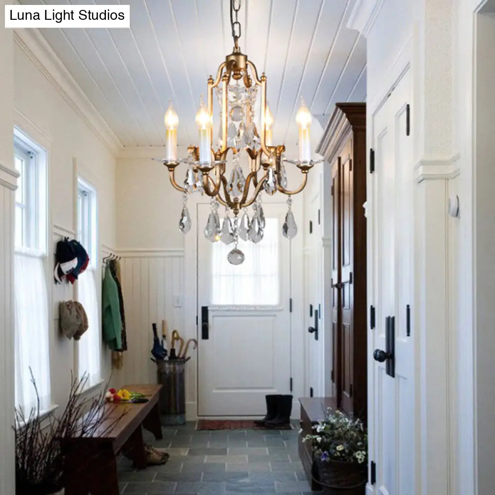 Lámpara de araña francesa estilo campestre con colgantes de cristal - Lámpara colgante de latón de 4 luces para pasillo