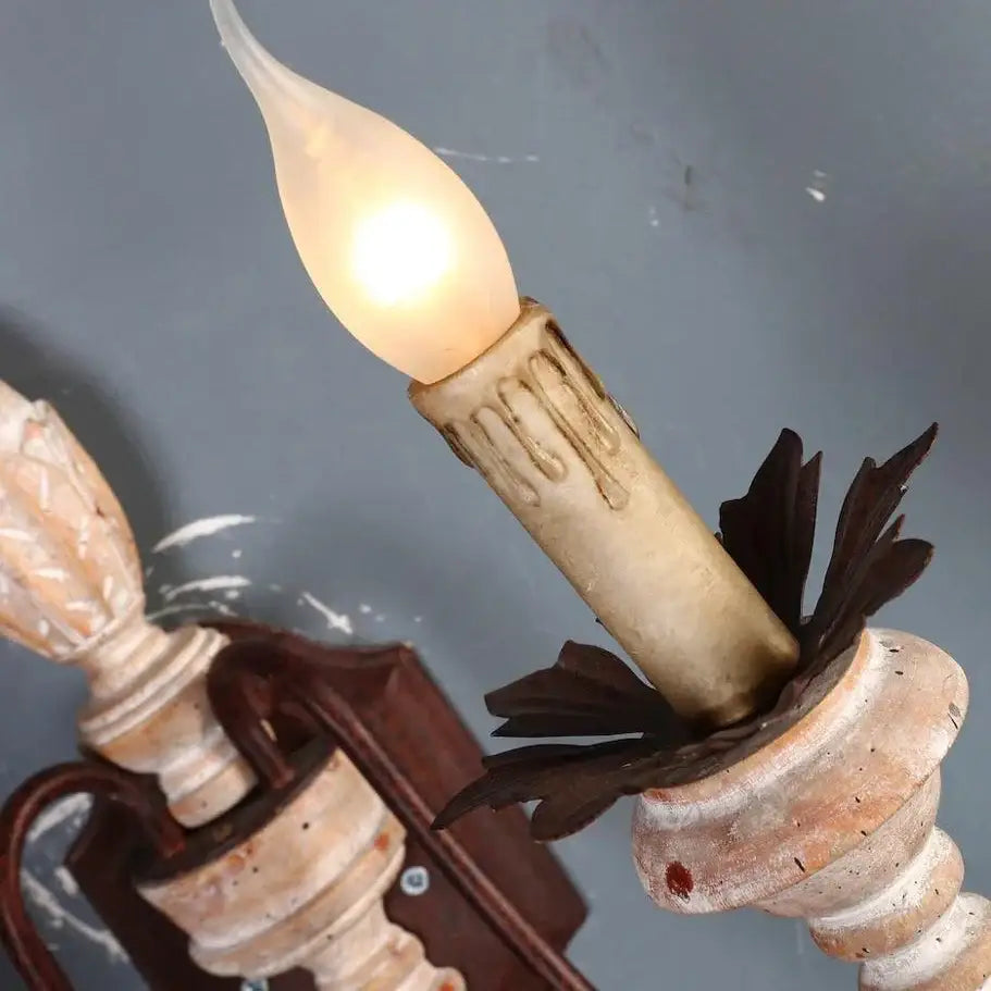 Frosted glass candle-style bulb in aged cream metal antique retro wall sconces with dark leaf accents for bedroom wall lamps