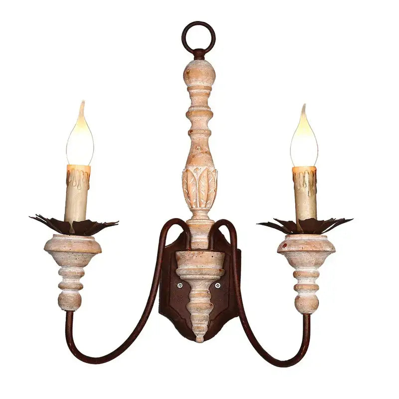 Antique retro two-light wall sconces with distressed white wood and dark metal accents for french country decor