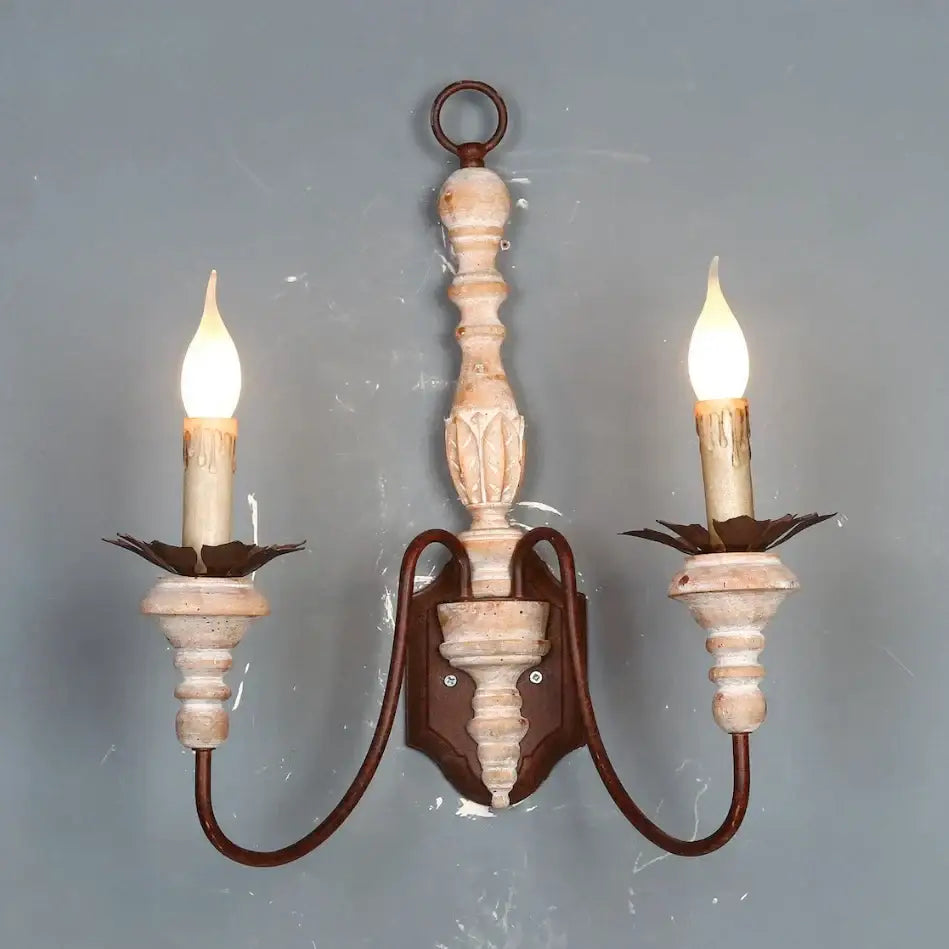 Antique retro two-light wall sconce with distressed white wood and rusted metal accents for bedroom wall lamps