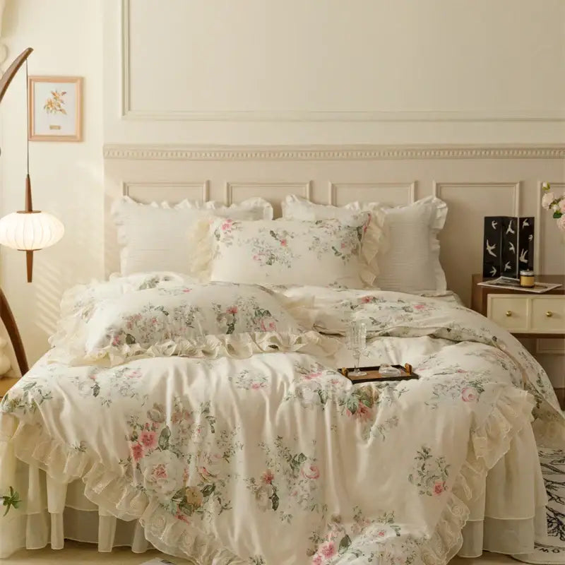 Cream-colored french country flowers bedding set with delicate ruffles and pastel floral design on satin-like fabric