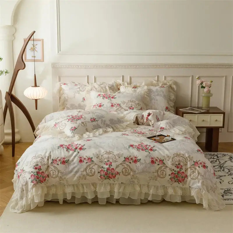 Ivory french country flowers bedding set with delicate ruffles and embroidered rose patterns by decorbites french country
