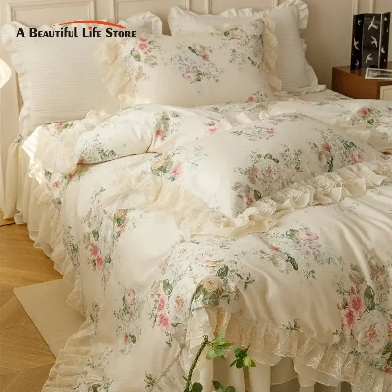 Cream-colored bedding set with delicate ruffled edges and lace trim from decorbites french country flowers collection