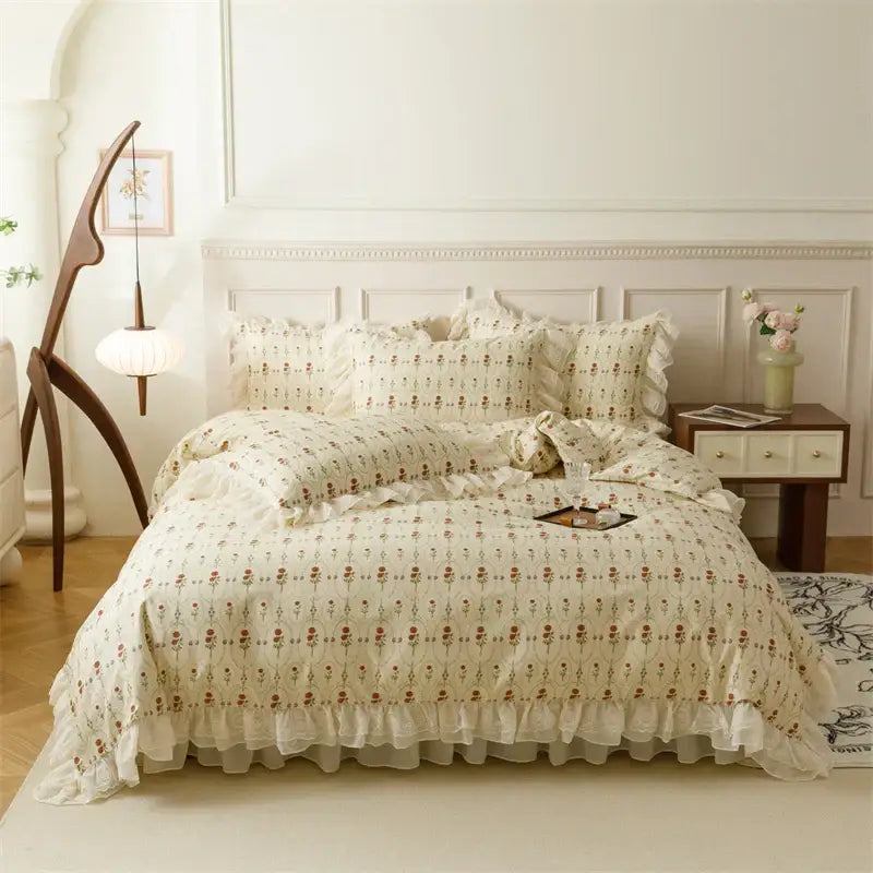 Cream-colored french country flowers bedding set with delicate ruffled edges and soft textured fabric by decorbites