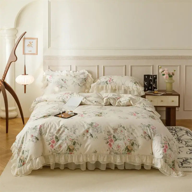 Cream-colored cotton bedding set with ruffled edges and pastel pink green beige blossoms by decorbites french country flowers