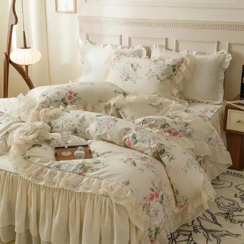 Cream-colored french country flowers bedding set with delicate ruffles and lace trim from decorbites french country