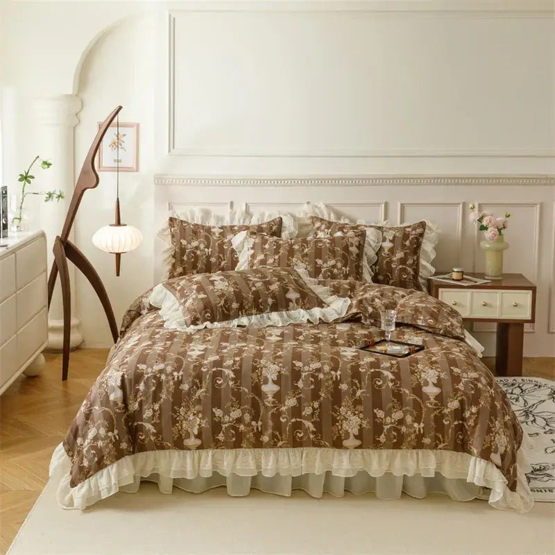 Brown and cream floral bedding set with ruffled lace trim in decorbites french country flowers design for bedroom decor
