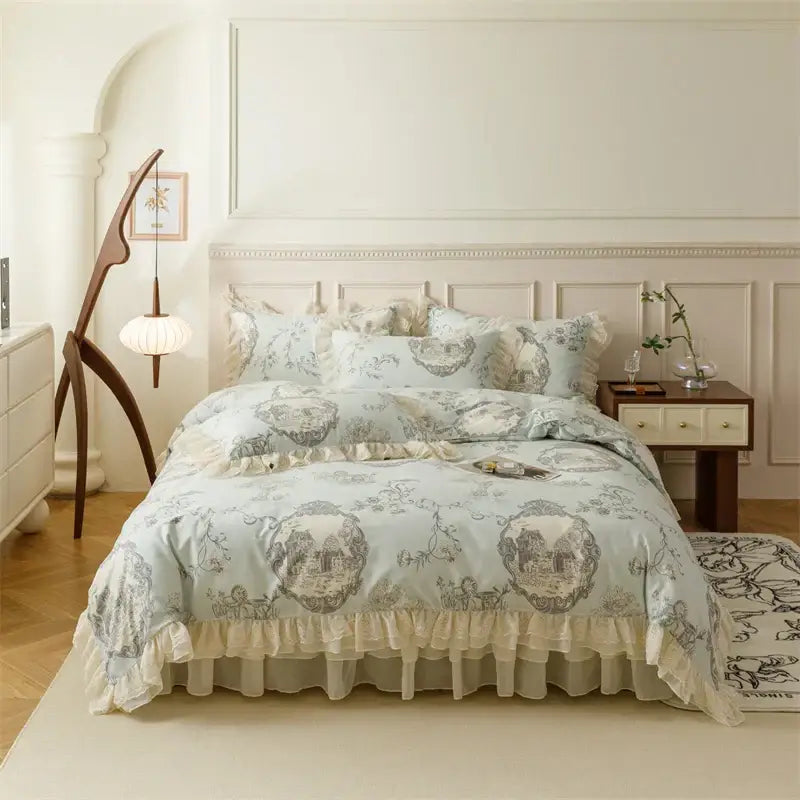 Light blue and cream lace-trimmed bedding set with vintage skull and floral patterns decorbites french country flowers