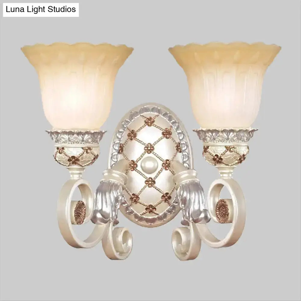 Antique white and gold ornate French country wall sconce with two opaline glass shades for living room gold light