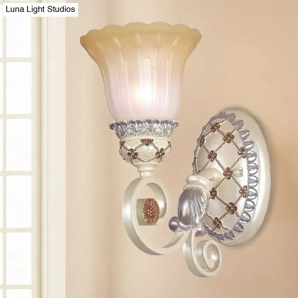Elegant white and silver wall sconce with frosted amber shade featuring opaline glass for living room gold light decor