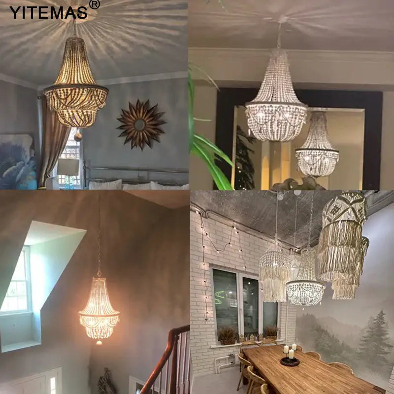 Yitemas french country wood bead chandelier in gold and clear crystal with intricate woven design and cascading fringe