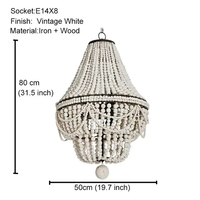 Vintage white french country wood bead chandelier with iron and wood tiers for bedroom or dining room