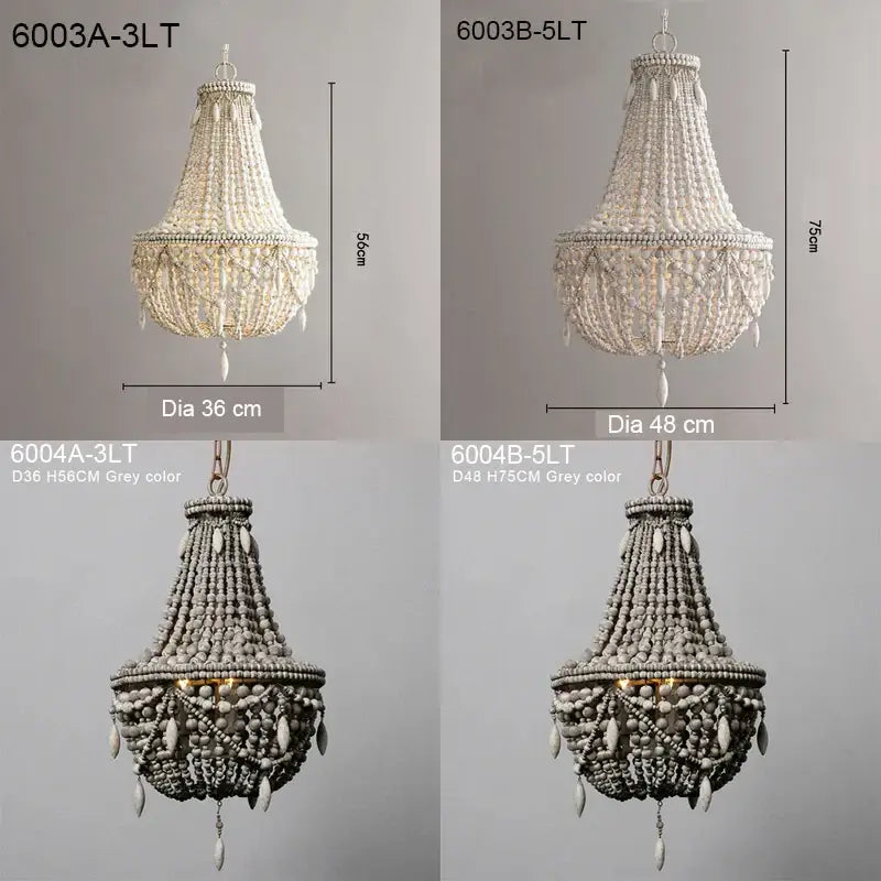 Beige and grey french country wood bead chandelier with intricate woven design for bedroom or dining room