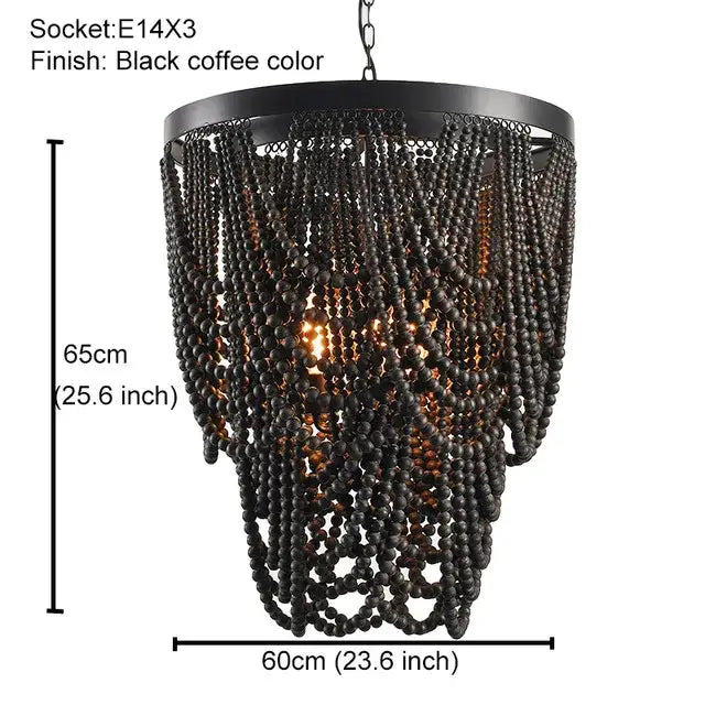 French country wood bead chandelier in black coffee color with circular metal frame and hanging chain for bedroom or dining room