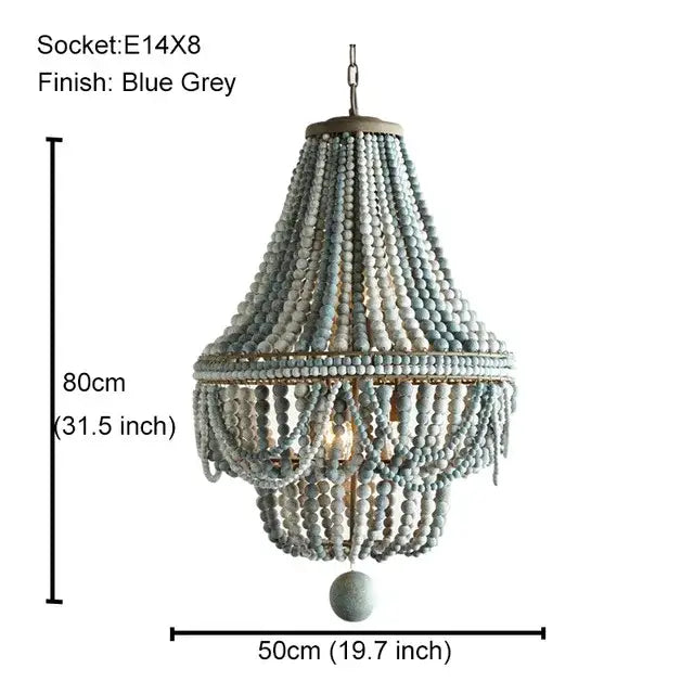 Blue grey tiered french country wood bead chandelier with hanging spherical accents for bedroom or dining room