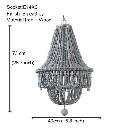 Blue and grey french country wood bead chandelier made of iron and wood with tiered design for bedroom or dining room