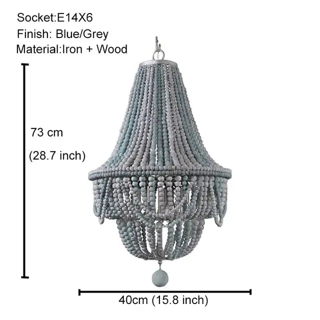 Blue and grey french country wood bead chandelier made of iron and wood with tiered design for bedroom or dining room