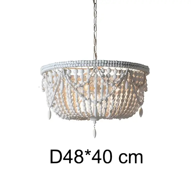 Rustic white and gold french country wood bead chandelier with twisted metal chain suspension for bedroom or dining room