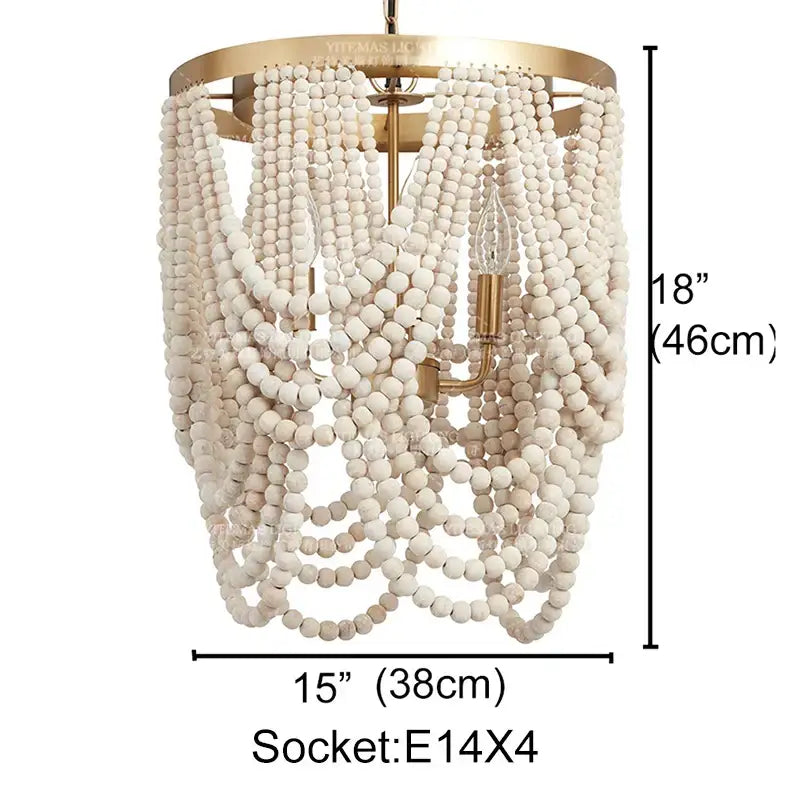 Rustic white french country wood bead chandelier with gold metal frame and four e14 sockets for bedroom or dining room