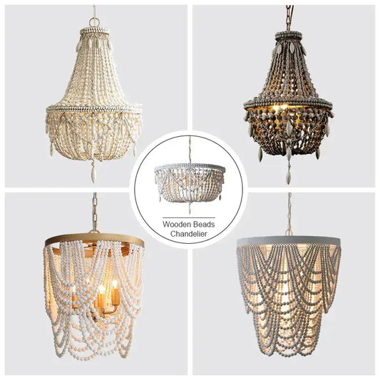 French country wood bead chandelier with tiered cascading design and warm lighting for bedroom or dining room