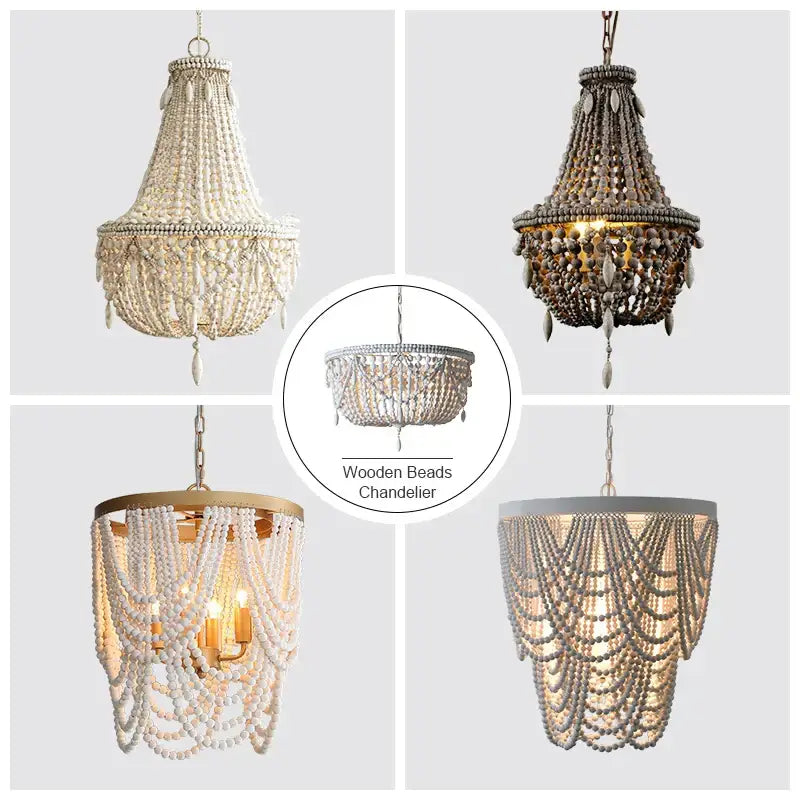French country wood bead chandelier with tiered cascading design and warm lighting for bedroom or dining room