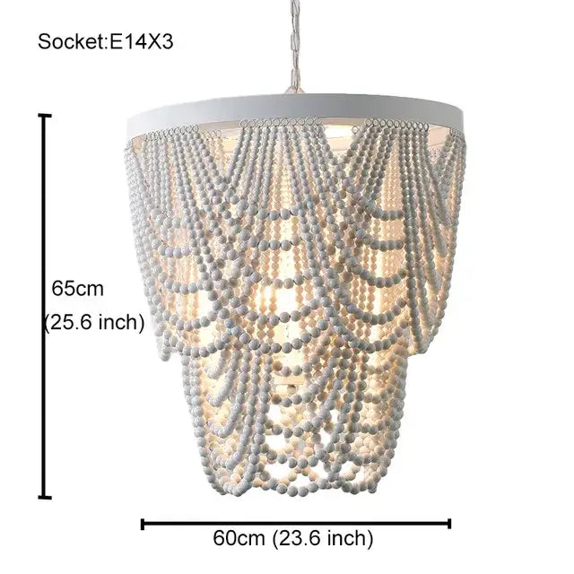 White french country wood bead chandelier with cascading round beads and tiered e14x3 socket for bedroom or dining room