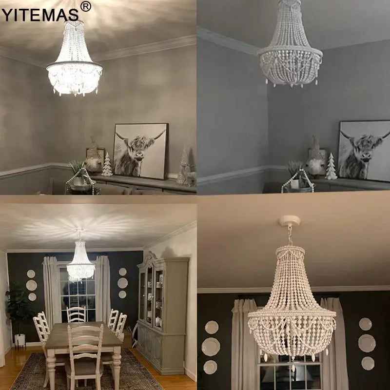 White french country wood bead chandelier with tiered design and crystal accents for bedroom or dining room