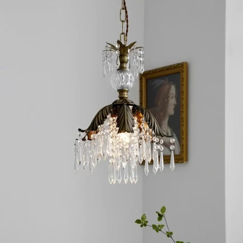 Antique brass french countryside pendant light with leaf-shaped metal frame and clear crystal droplets for bedroom decorbites french countryside