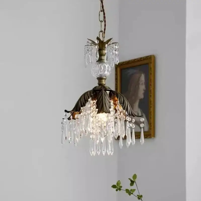 Antique brass french countryside pendant light with leaf metal frame and cascading clear crystal droplets by decorbites french countryside
