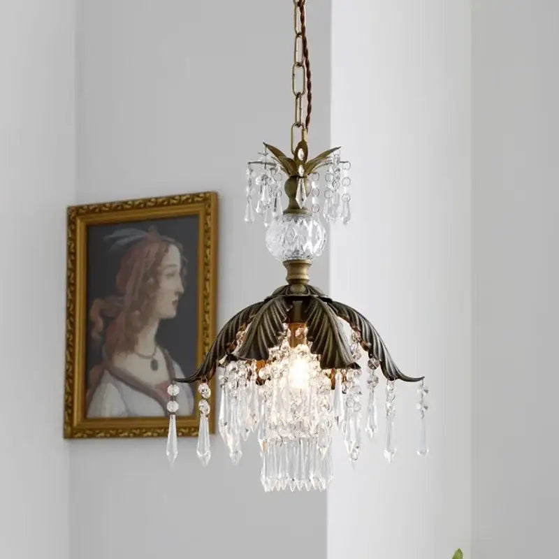Antique brass leaf french countryside pendant light chandelier with crystal droplets and central faceted glass orb
