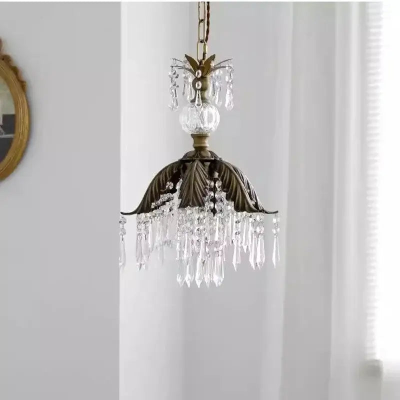 Antique bronze leaf-shaped french countryside pendant light with crystal droplets and clear glass globe for bedroom decorbites french countryside