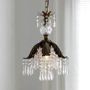 Antique bronze leaf-shaped french countryside pendant light with cascading clear crystal prisms and faceted globe by decorbites