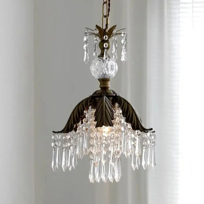 Antique bronze leaf-shaped french countryside pendant light with cascading clear crystal prisms and faceted globe by decorbites