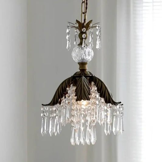 Antique bronze leaf-shaped french countryside pendant light with cascading clear crystal prisms and faceted globe by decorbites