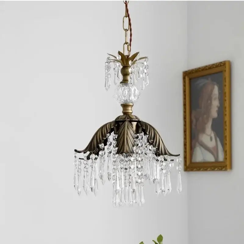 Antique brass french countryside pendant light with clear crystal droplets and leaf-shaped metalwork for bedroom decorbites french countryside