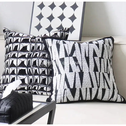 Black and silver geometric patterned french cream bubble cushion cover with textured embroidered decorbites french cream design