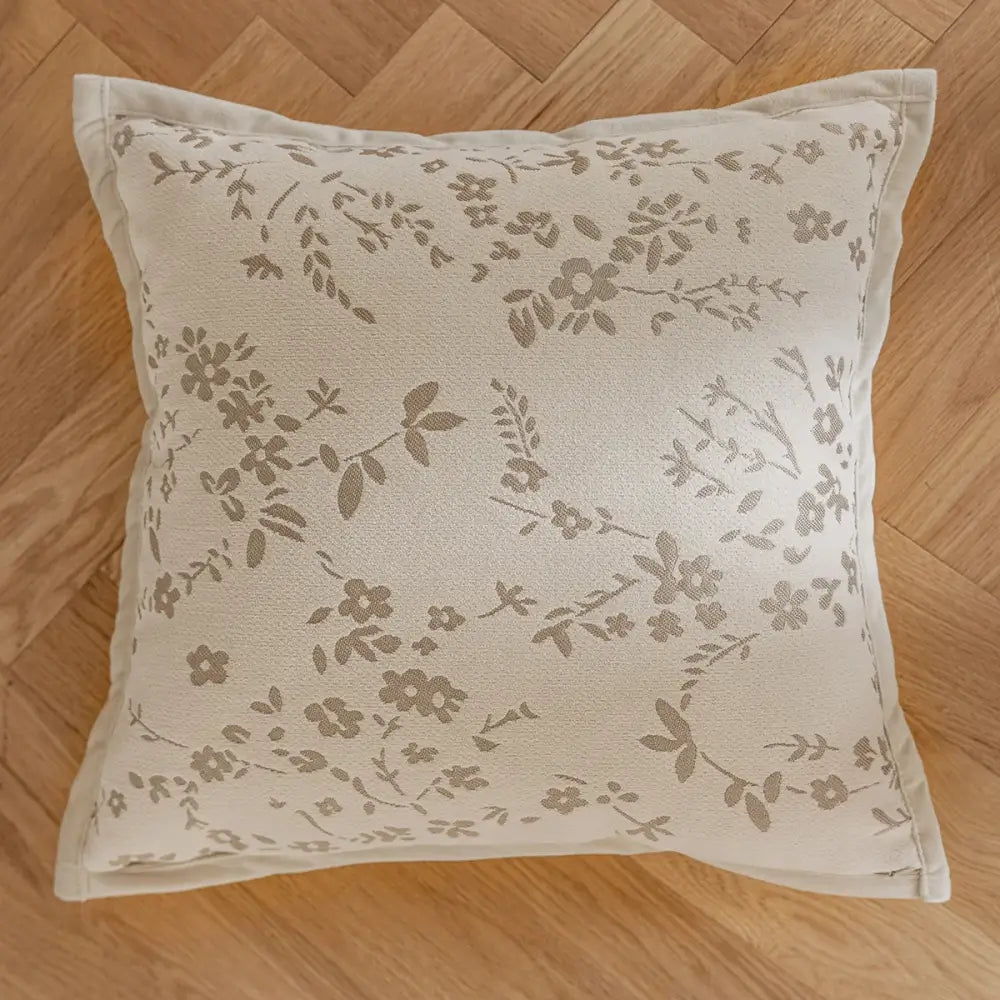Beige french cream jacquard pillow covers with delicate taupe floral embroidery for living room decorbites decor