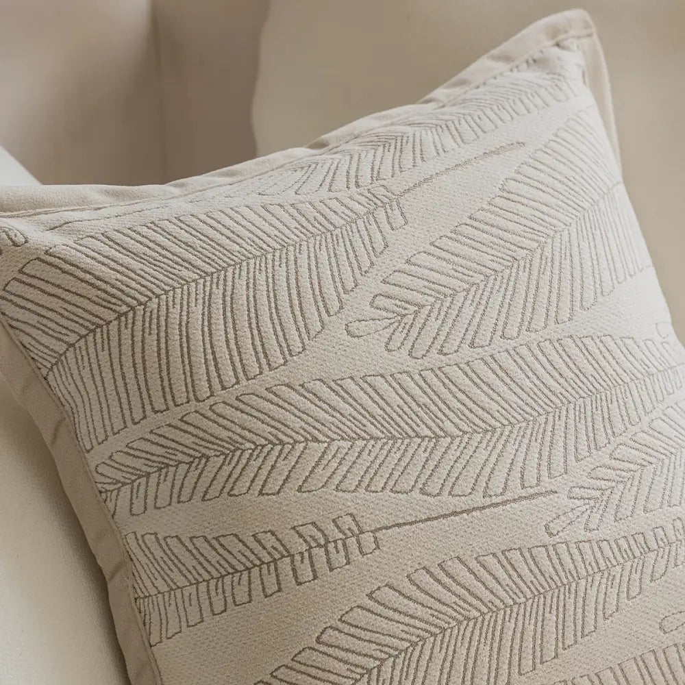 Beige french cream jacquard pillow covers with subtle gray embroidered leaf patterns for living room decorbites decor