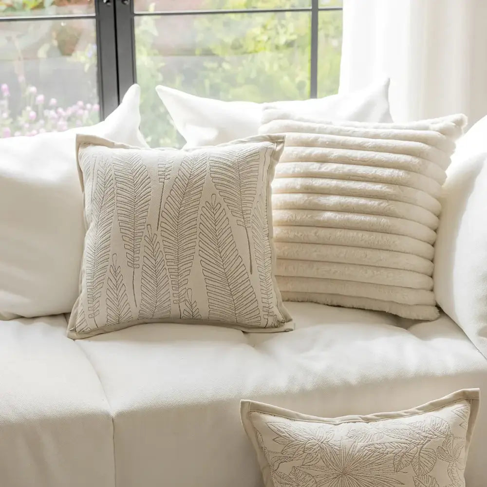 Cream-colored french cream jacquard pillow covers with beige embroidered fern patterns for living room decorbites decor