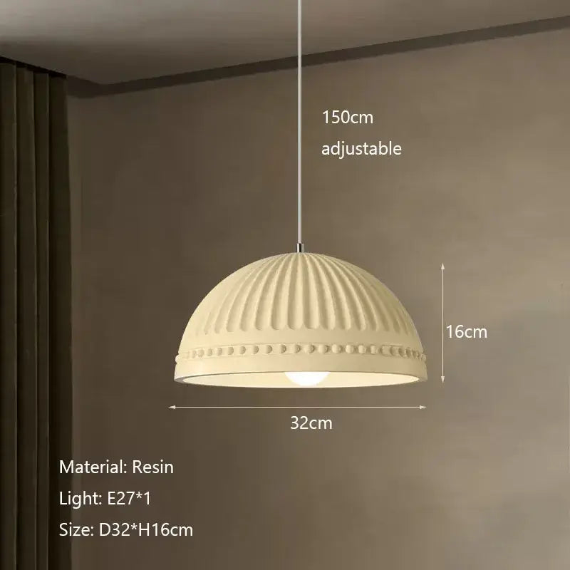 Cream-colored resin pendant light with ribbed dome design and beaded trim for dining room by decorbites french cream style